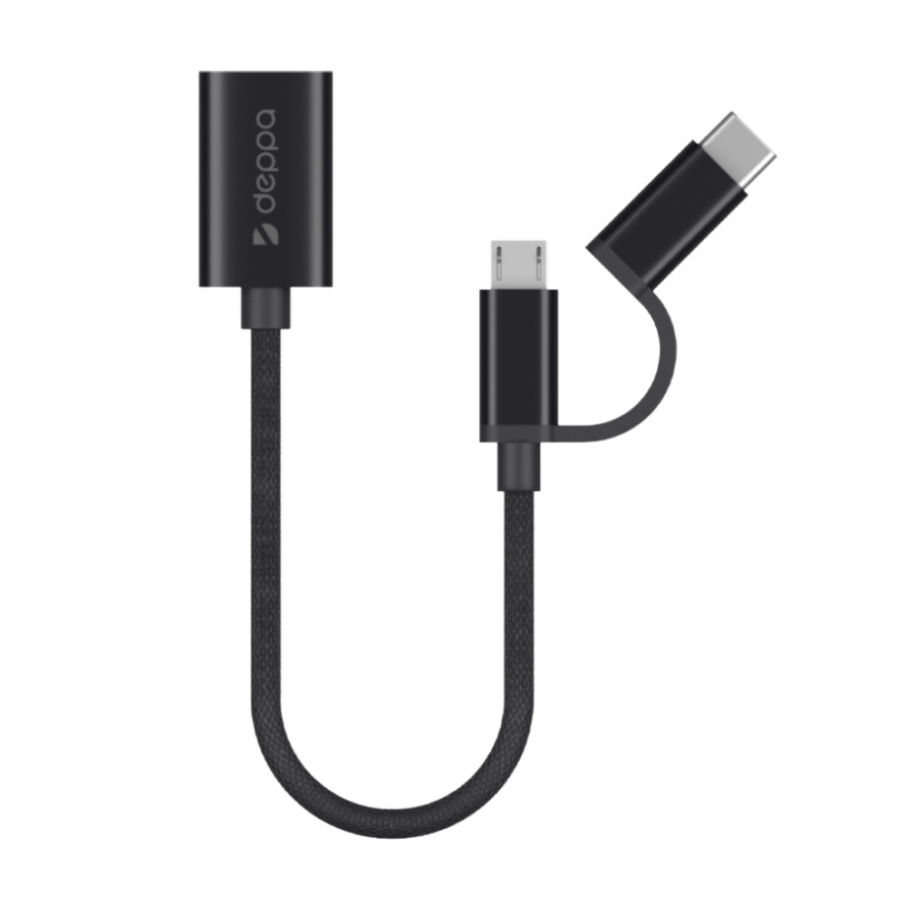 OTG адаптер USB - micro USB + USB-C, алюминий, нейлон, 0.15 м, черный, Deppa