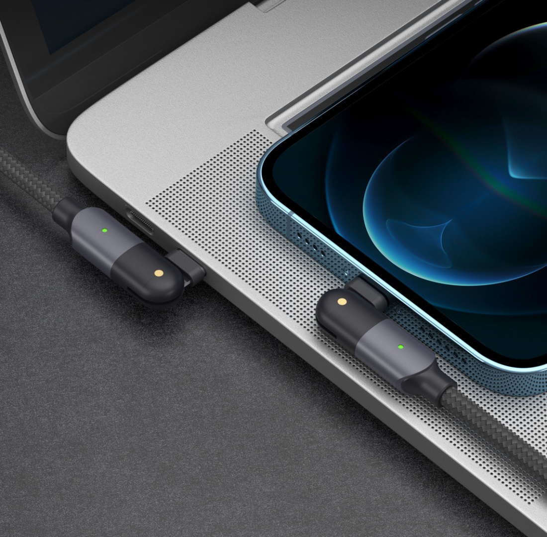 Дата-кабель USB-C - Lightning, поворотный, 180Лљ, PD, USB 2.0, 3A, 1.2м, алюминий, нейлон, черный, Deppa